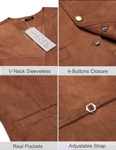 COOFANDY Men's Suede Leather Suit Vest Casual Western Vest Jacket Slim Fit Vest Waistcoat (Large, TypeA-Brown)