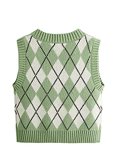 SweatyRocks Women's Plaid Geo Sleeveless V Neck Knit Crop Top Sweater Vest Mint Green S