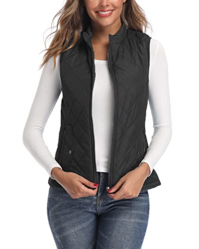 LONGKING Black Women's Vest, Stand Collar Lightweight Zip Quilted Vest for Women L