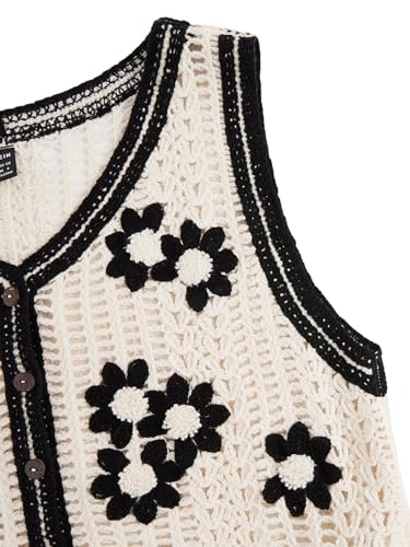 Verdusa Women's Button Front V Neck Sleeveless Floral Pattern Knit Sweater Vest Flower Beige L