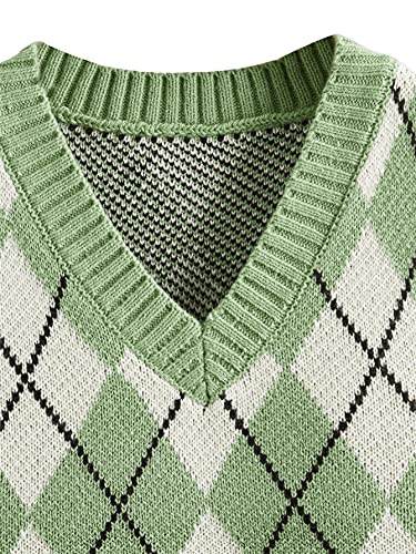 SweatyRocks Women's Plaid Geo Sleeveless V Neck Knit Crop Top Sweater Vest Mint Green S