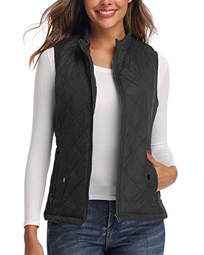 LONGKING Black Women's Vest, Stand Collar Lightweight Zip Quilted Vest for Women L