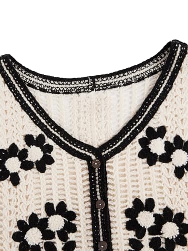 Verdusa Women's Button Front V Neck Sleeveless Floral Pattern Knit Sweater Vest Flower Beige L