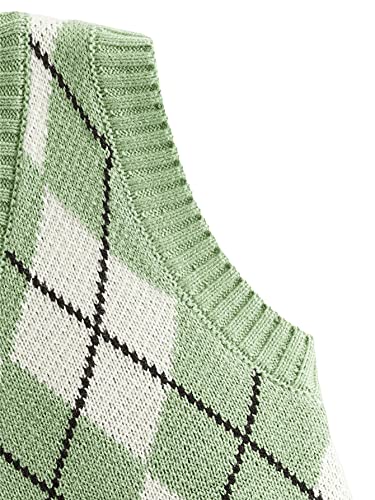 SweatyRocks Women's Plaid Geo Sleeveless V Neck Knit Crop Top Sweater Vest Mint Green S