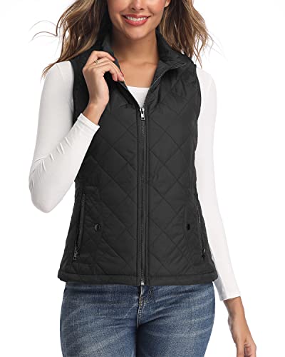LONGKING Black Women's Vest, Stand Collar Lightweight Zip Quilted Vest for Women L