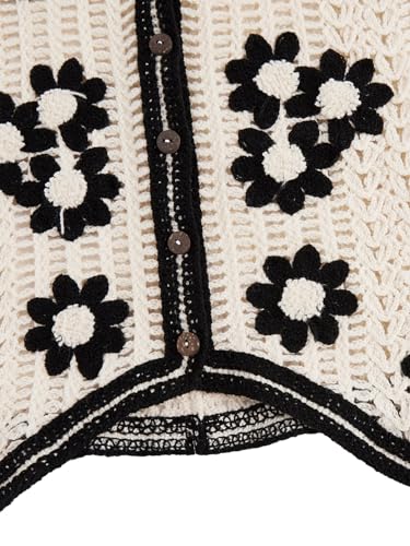 Verdusa Women's Button Front V Neck Sleeveless Floral Pattern Knit Sweater Vest Flower Beige L