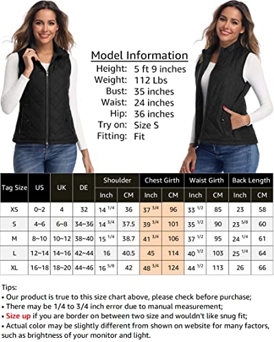 LONGKING Black Women's Vest, Stand Collar Lightweight Zip Quilted Vest for Women L