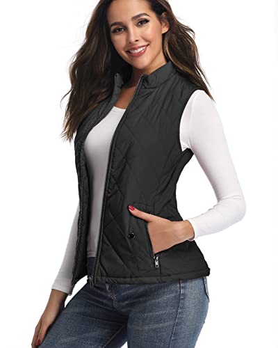 LONGKING Black Women's Vest, Stand Collar Lightweight Zip Quilted Vest for Women L