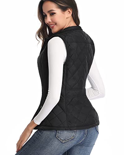 LONGKING Black Women's Vest, Stand Collar Lightweight Zip Quilted Vest for Women L