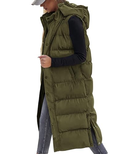 BTFBM Long Puffer Vest Women Quilted Hooded Button Down Zip Up Sleeveless Vests Outerwear Padded Jacket Winter Coat 2024(Army Green, Medium)