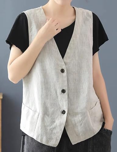 IDEALSANXUN Linen Vest for Women Fashion Casual Linen Tops 2024 Summer Clothes Cute Lightweight Sleeveless Blazer Jackets Spring Break Outfits Resort Wear Cardigan, Beige, XL