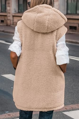 PRETTYGARDEN Womens 2024 Fall Reversible Vests Sleeveless Fleece Jacket Zip Up Hoodie Pockets Long Warm Winter Coat Outerwear (Light Khaki,Large)