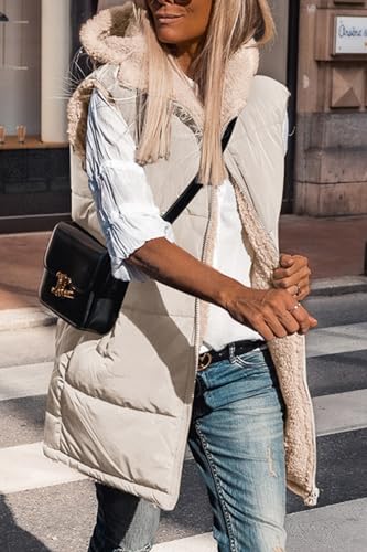 PRETTYGARDEN Womens 2024 Fall Reversible Vests Sleeveless Fleece Jacket Zip Up Hoodie Pockets Long Warm Winter Coat Outerwear (Light Khaki,Large)