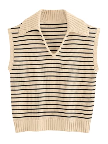 LILLUSORY Women's Polo V Neck Sweater Vest Sleeveless Trendy Clothes Casual Summer Tank Tops Fall Fashion 2024 ApricotBlack S