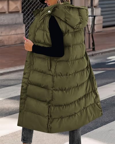 BTFBM Long Puffer Vest Women Quilted Hooded Button Down Zip Up Sleeveless Vests Outerwear Padded Jacket Winter Coat 2024(Army Green, Medium)