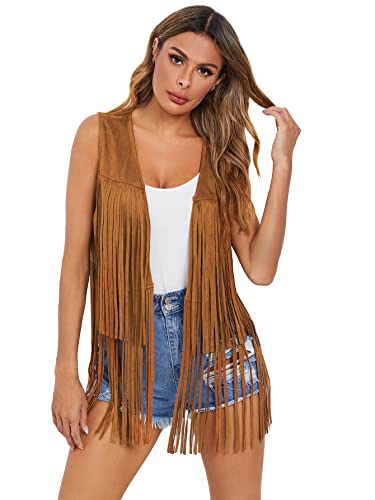 Verdusa Women's Tassel Sleeveless Vest 70s Hippie Faux Suede Fringe Jacket Cardigan Brown M