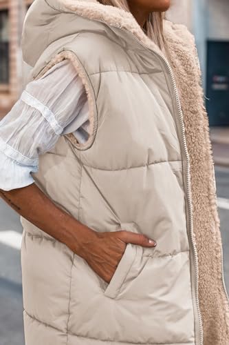 PRETTYGARDEN Womens 2024 Fall Reversible Vests Sleeveless Fleece Jacket Zip Up Hoodie Pockets Long Warm Winter Coat Outerwear (Light Khaki,Large)