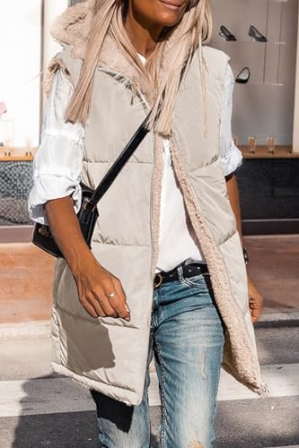 PRETTYGARDEN Womens 2024 Fall Reversible Vests Sleeveless Fleece Jacket Zip Up Hoodie Pockets Long Warm Winter Coat Outerwear (Light Khaki,Large)