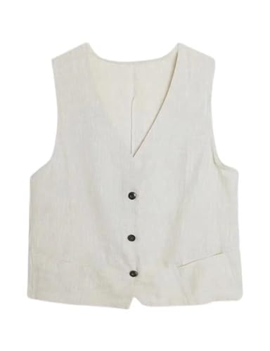 IDEALSANXUN Linen Vest for Women Fashion Casual Linen Tops 2024 Summer Clothes Cute Lightweight Sleeveless Blazer Jackets Spring Break Outfits Resort Wear Cardigan, Beige, XL