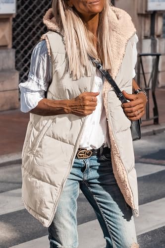 PRETTYGARDEN Womens 2024 Fall Reversible Vests Sleeveless Fleece Jacket Zip Up Hoodie Pockets Long Warm Winter Coat Outerwear (Light Khaki,Large)