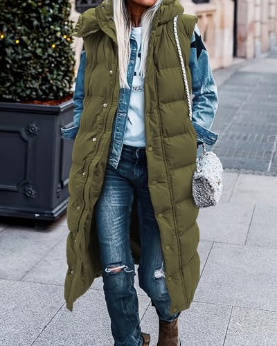 BTFBM Long Puffer Vest Women Quilted Hooded Button Down Zip Up Sleeveless Vests Outerwear Padded Jacket Winter Coat 2024(Army Green, Medium)