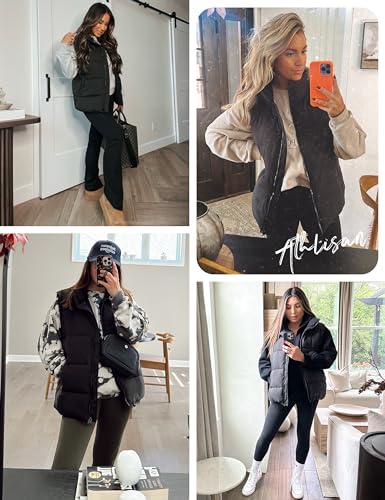Athlisan Womens Zip Up Puffer Vest Stand Collar Sleeveless Padded Jacket Coat(Black-XXL)
