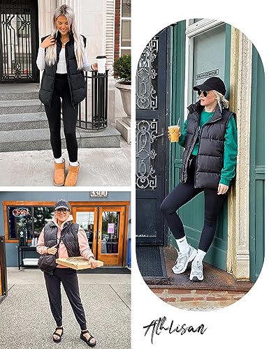 Athlisan Womens Zip Up Puffer Vest Stand Collar Sleeveless Padded Jacket Coat(Black-XXL)