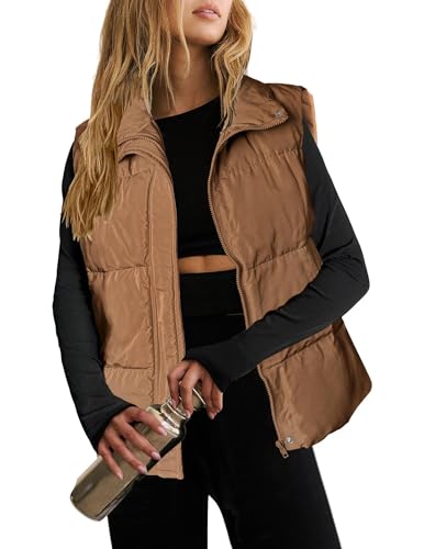 Zeagoo Women Puffer Vest Lightweight Stand Collar Sleeveless Winter Warm Zip Up Padded Outerwear Jackets with Pockets Brown M