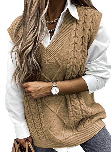 EVALESS Womens Sweater Vest V Neck Sleeveless Yellow Sweaters for Women Cable Knit Solid Color Tops Loose Casual Soft Sweater Medium