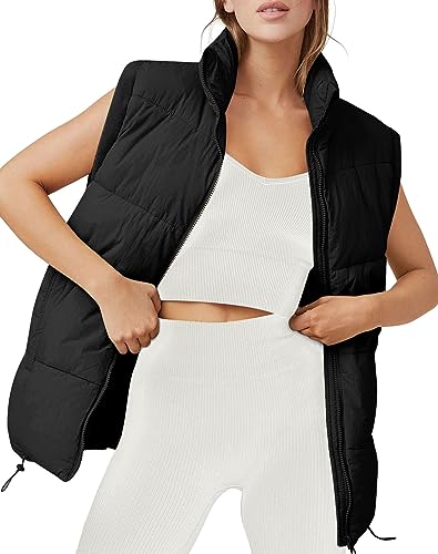 AUTOMET Puffer Vest Women Sleeveless Winter Zip Up Outerwear Warm Puffer Lightweight Stand-up Collar Down with Pocket Fall Fashion 2024 Black M