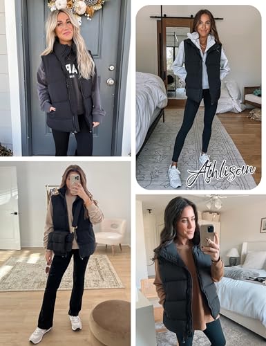Athlisan Womens Zip Up Puffer Vest Stand Collar Sleeveless Padded Jacket Coat(Black-XXL)