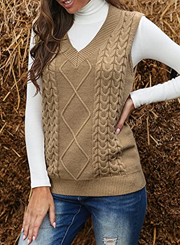 EVALESS Womens Sweater Vest V Neck Sleeveless Yellow Sweaters for Women Cable Knit Solid Color Tops Loose Casual Soft Sweater Medium
