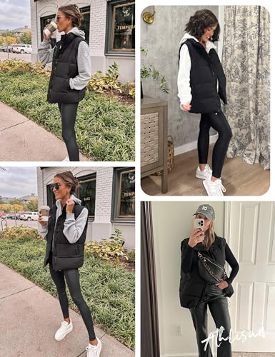 Athlisan Womens Zip Up Puffer Vest Stand Collar Sleeveless Padded Jacket Coat(Black-XXL)