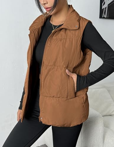 Zeagoo Women Puffer Vest Lightweight Stand Collar Sleeveless Winter Warm Zip Up Padded Outerwear Jackets with Pockets Brown M