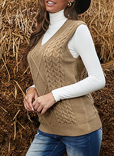 EVALESS Womens Sweater Vest V Neck Sleeveless Yellow Sweaters for Women Cable Knit Solid Color Tops Loose Casual Soft Sweater Medium