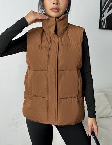 Zeagoo Women Puffer Vest Lightweight Stand Collar Sleeveless Winter Warm Zip Up Padded Outerwear Jackets with Pockets Brown M