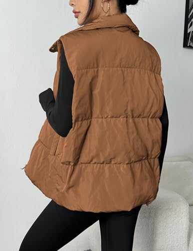 Zeagoo Women Puffer Vest Lightweight Stand Collar Sleeveless Winter Warm Zip Up Padded Outerwear Jackets with Pockets Brown M