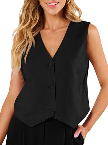 AUTOMET Womens Vests Crop Tank Tops 2024 V Neck Sleeveless Button Linen Casual Work Suit Cute Spring Break Outfits Waistcoat Jacket Black L