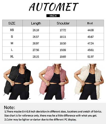 AUTOMET Puffer Vest Women Sleeveless Winter Zip Up Outerwear Warm Puffer Lightweight Stand-up Collar Down with Pocket Fall Fashion 2024 Black M