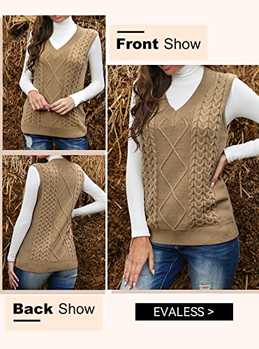 EVALESS Womens Sweater Vest V Neck Sleeveless Yellow Sweaters for Women Cable Knit Solid Color Tops Loose Casual Soft Sweater Medium