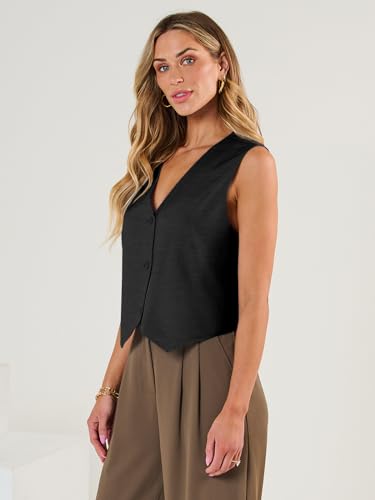 AUTOMET Womens Vests Crop Tank Tops 2024 V Neck Sleeveless Button Linen Casual Work Suit Cute Spring Break Outfits Waistcoat Jacket Black L