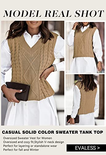 EVALESS Womens Sweater Vest V Neck Sleeveless Yellow Sweaters for Women Cable Knit Solid Color Tops Loose Casual Soft Sweater Medium
