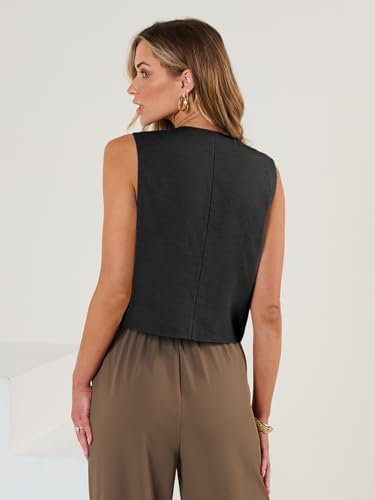 AUTOMET Womens Vests Crop Tank Tops 2024 V Neck Sleeveless Button Linen Casual Work Suit Cute Spring Break Outfits Waistcoat Jacket Black L