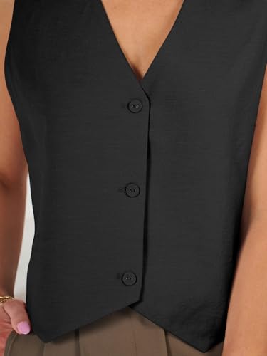 AUTOMET Womens Vests Crop Tank Tops 2024 V Neck Sleeveless Button Linen Casual Work Suit Cute Spring Break Outfits Waistcoat Jacket Black L