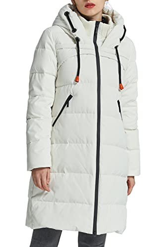 Orolay Women's Thickened Contrast Color Drawstring Down Jacket Hooded Parka Long Puffer Coat White XL