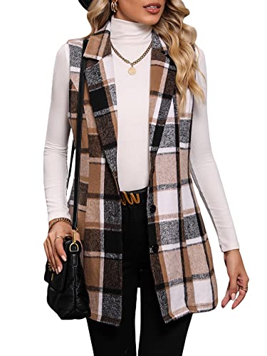 MakeMeChic Women's Plaid Vest Coat Casual Lapel Neck Button Front Sleeveless Blazer Jacket Outerwear Coffee Brown M