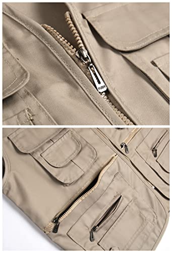 LISUHEPEAL Men's Fishing Vest Summer Outdoor Work Safari Travel Photo Khaki Vests with Multi Pockets For Men (S18-Khaki, L)