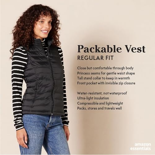 Amazon Essentials Women's Lightweight Water-Resistant Packable Puffer Vest, Black, Large