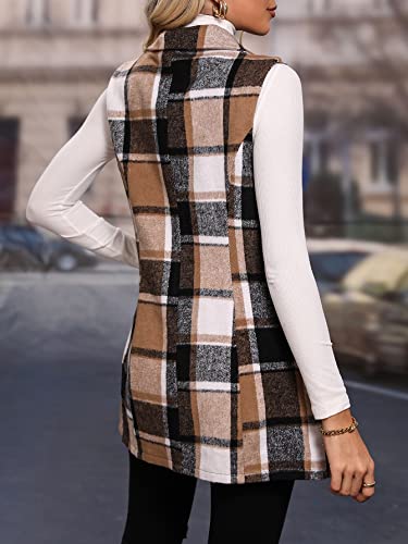 MakeMeChic Women's Plaid Vest Coat Casual Lapel Neck Button Front Sleeveless Blazer Jacket Outerwear Coffee Brown M