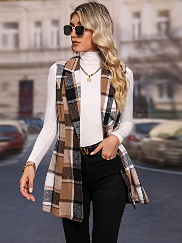 MakeMeChic Women's Plaid Vest Coat Casual Lapel Neck Button Front Sleeveless Blazer Jacket Outerwear Coffee Brown M